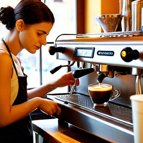 **

Prompt: A barista meticulously preparing an espresso at a bustling Italian café. Focus on the details: the crema of the espresso, the polished espresso machine, and the barista's focused expression. The background should be a vibrant café scene, showcasing Italian coffee culture. The lighting should be warm and inviting.

**