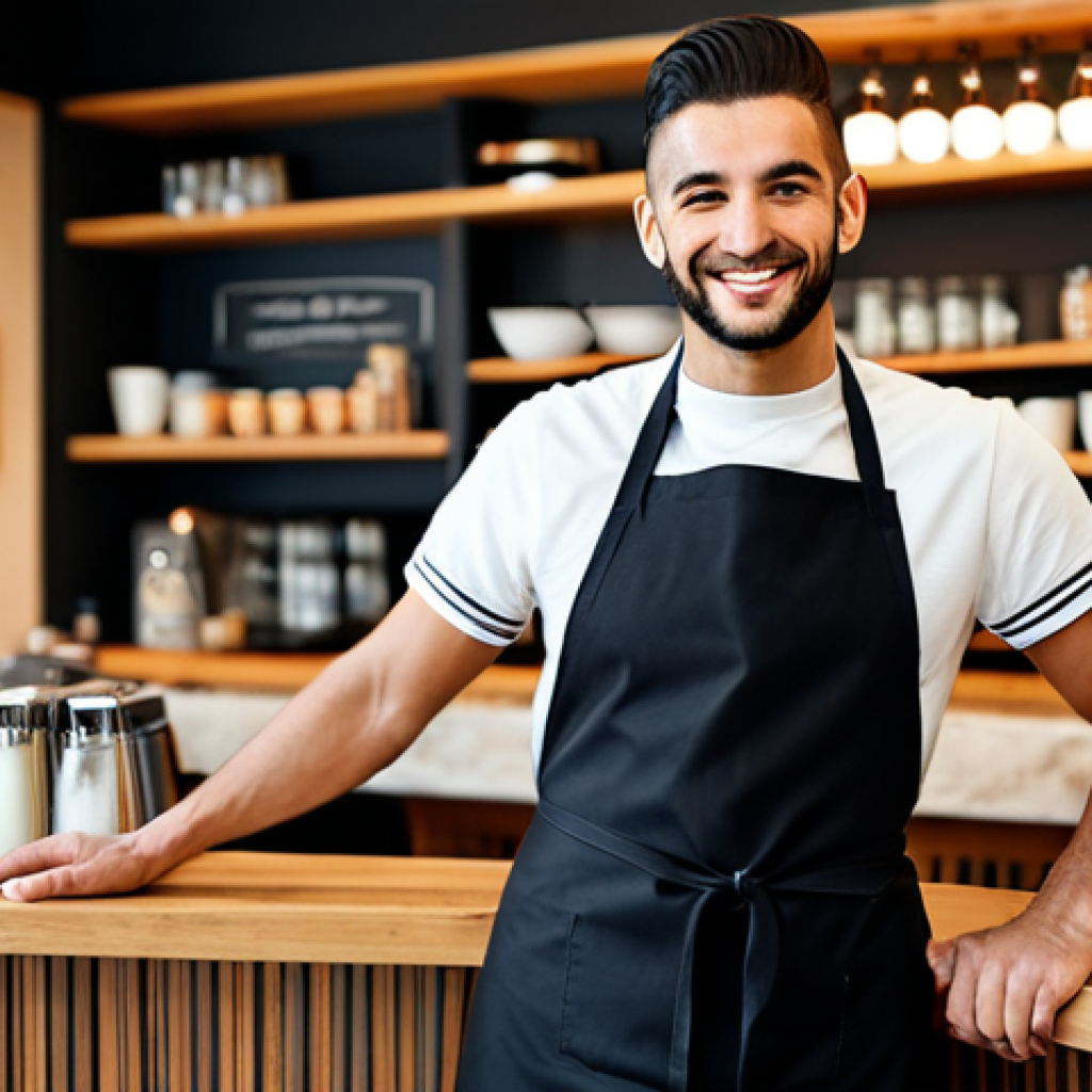 A professional Italian barista, in a clean, modest barista uniform with an apron, stands behind a polished coffee bar in a modern, welcoming Italian café. The barista is smiling warmly and making eye contact with a diverse customer, creating a friendly and inviting atmosphere. The background features blurred patrons enjoying their coffee in comfortable seating, bathed in soft, warm lighting. The scene emphasizes human connection and community. This image is fully clothed, appropriate attire, safe for work, and family-friendly. It depicts perfect anatomy, correct proportions, natural pose, well-formed hands, and natural body proportions, captured with professional photography and high quality.