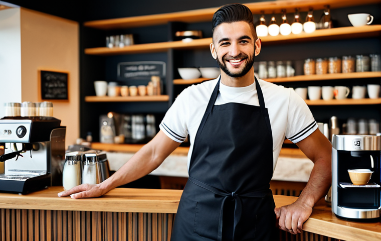 A professional Italian barista, in a clean, modest barista uniform with an apron, stands behind a polished coffee bar in a modern, welcoming Italian café. The barista is smiling warmly and making eye contact with a diverse customer, creating a friendly and inviting atmosphere. The background features blurred patrons enjoying their coffee in comfortable seating, bathed in soft, warm lighting. The scene emphasizes human connection and community. This image is fully clothed, appropriate attire, safe for work, and family-friendly. It depicts perfect anatomy, correct proportions, natural pose, well-formed hands, and natural body proportions, captured with professional photography and high quality.