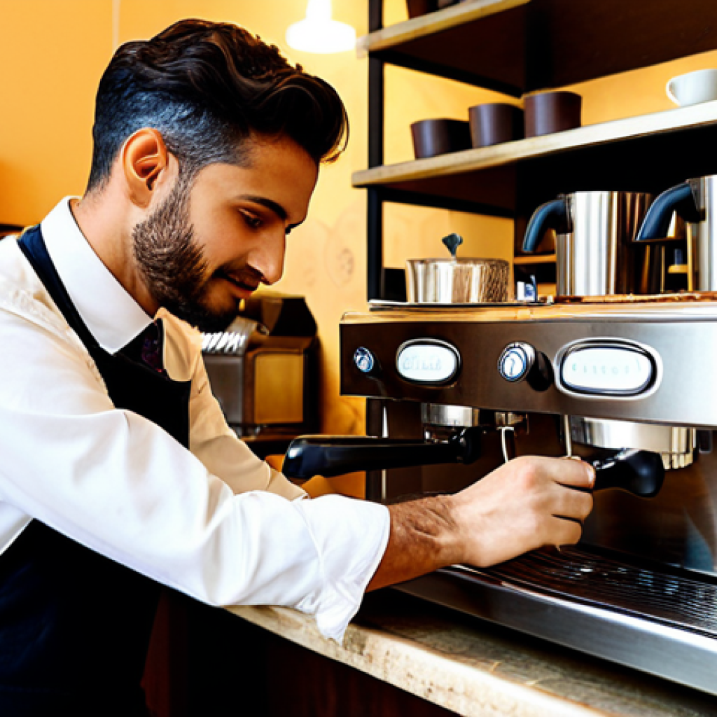 바리스타 자격증 난이도 분석 - **Image Prompt:** "A bright and inviting Italian caff&egrave; scene, showcasing a barista (male, early 30s)...