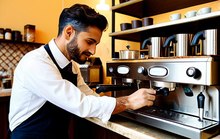 바리스타 자격증 난이도 분석 - **Image Prompt:** "A bright and inviting Italian caffè scene, showcasing a barista (male, early 30s)...