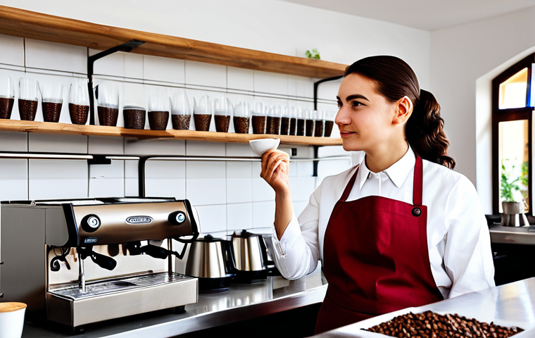 바리스타 자격증 난이도 분석 - **Image Prompt:** "A bright and inviting Italian caff&egrave; scene, showcasing a barista (male, early 30s)...