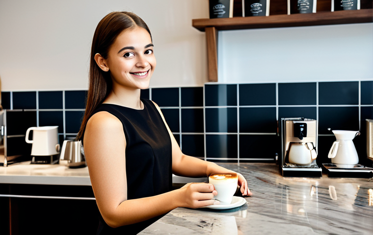 바리스타 자격증 난이도 분석 - **Image Prompt:** "A barista (female, 20s) fully clothed in a stylish, modest uniform, attentively l...