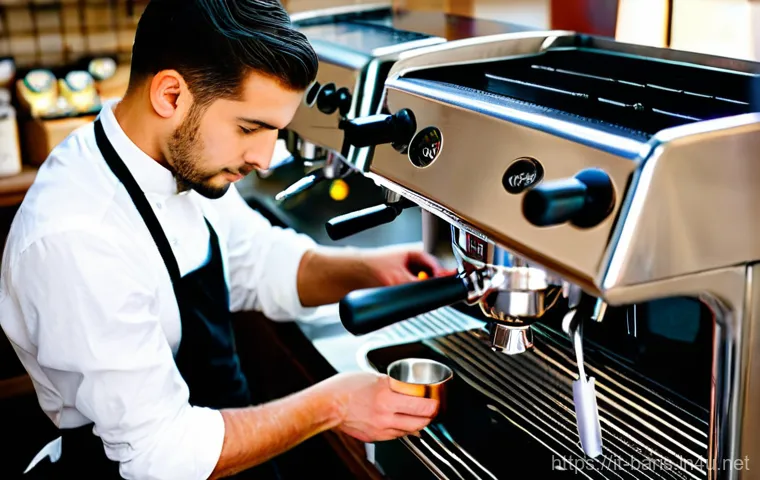 바리스타 자격증 실기 시험에서 자주 나오는 실수 - **Prompt 1: "A highly skilled male barista, mid-20s, with a focused expression, meticulously tamping...