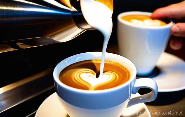 바리스타 실습 중 흔한 실수 - **Prompt:** A close-up, high-angle shot of a skilled Italian barista's hands, wearing a clean, dark ...
