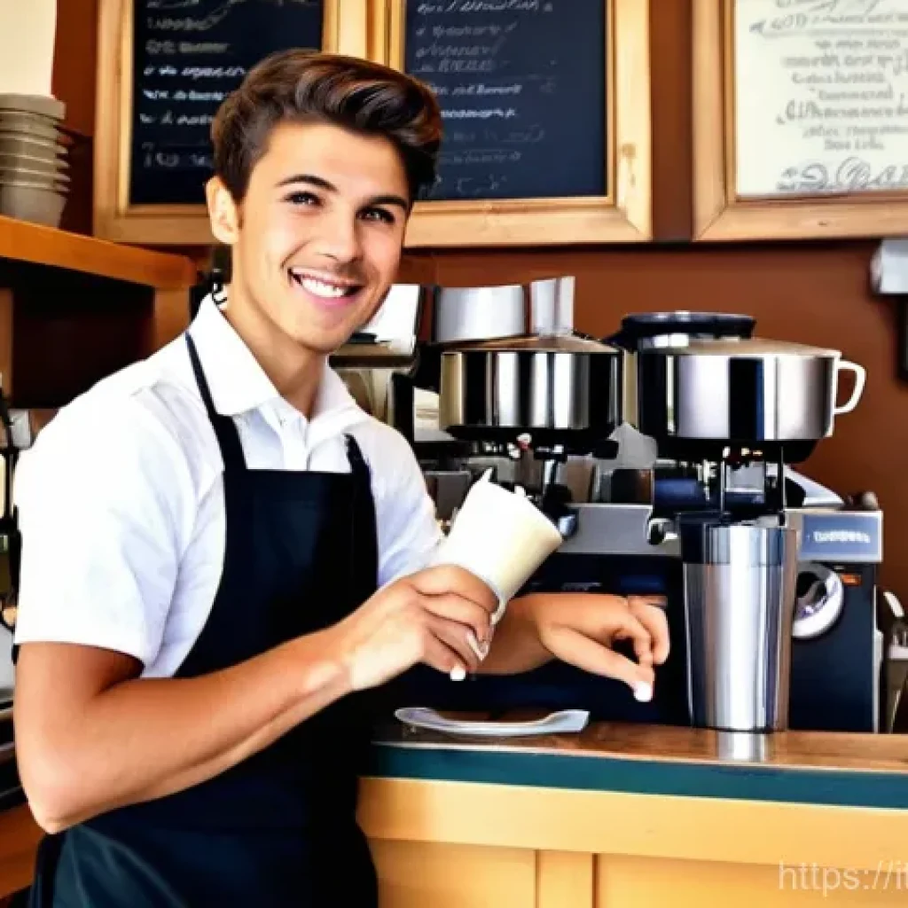 바리스타 연봉 인상 협상 성공 사례 - **Prompt 1: The Eager Entry-Level Barista in Training**
"A young, enthusiastic male barista, ear...