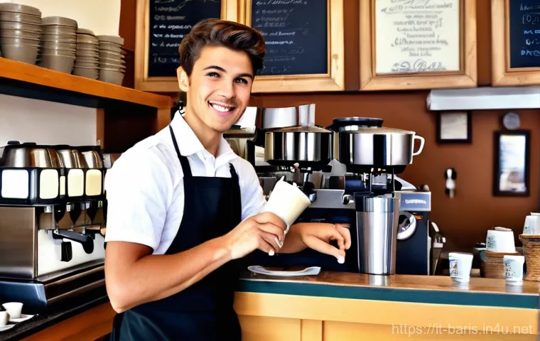 바리스타 연봉 인상 협상 성공 사례 - **Prompt 1: The Eager Entry-Level Barista in Training**
"A young, enthusiastic male barista, ear...