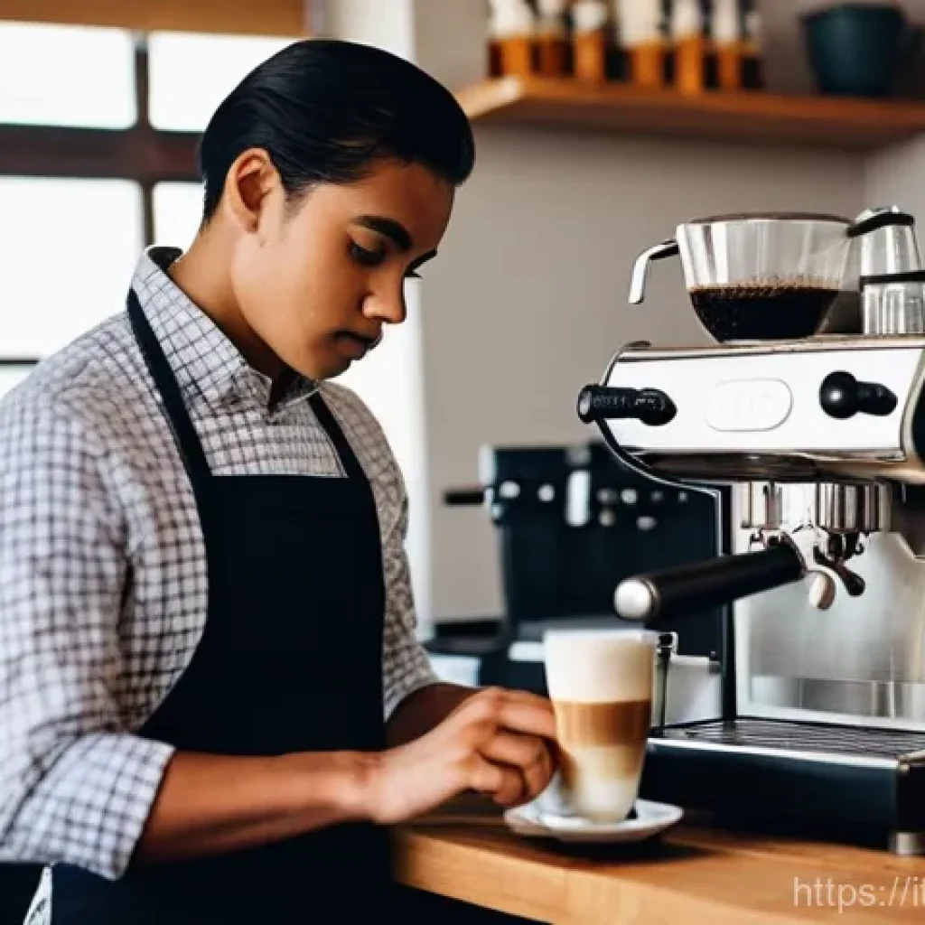 바리스타 시험 합격률 - **Prompt:** A young, determined barista student, dressed in a clean, stylish apron over a casual but...