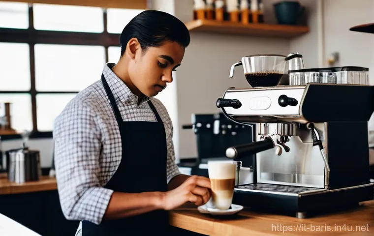 바리스타 시험 합격률 - **Prompt:** A young, determined barista student, dressed in a clean, stylish apron over a casual but...