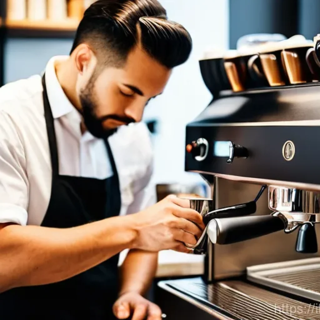 바리스타 자격증과 커피 역사 공부법 - **A highly skilled barista, mid-30s, with a focused expression, wearing a crisp dark apron over a li...