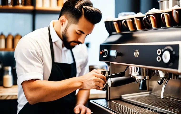 바리스타 자격증과 커피 역사 공부법 - **A highly skilled barista, mid-30s, with a focused expression, wearing a crisp dark apron over a li...