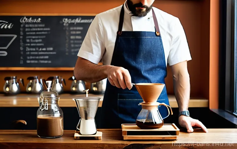바리스타 취업 후 첫 1년 - **Prompt:** A bustling morning scene inside a lively, vibrant Italian café. A friendly and efficient...