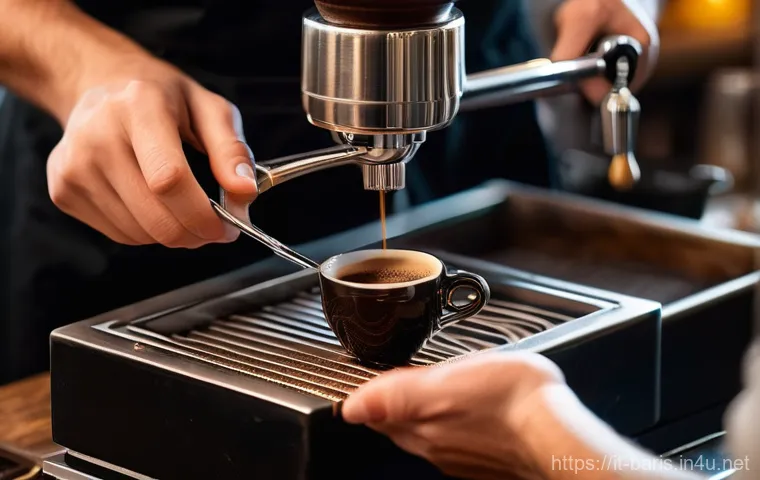 바리스타 커피 레시피 개발 노하우 - **A Skilled Barista Crafting a Perfect Espresso in a Traditional Italian Cafe.**
    A close-up, cin...