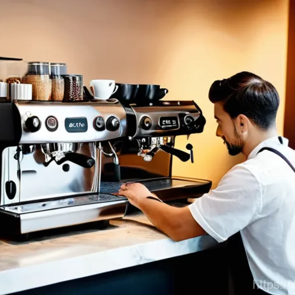 바리스타 자격증으로 할 수 있는 다양한 일 - **Prompt:** A dynamic, high-angle shot capturing a skilled male barista, in his late 20s, with a foc...