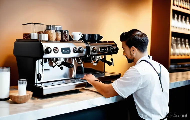 바리스타 자격증으로 할 수 있는 다양한 일 - **Prompt:** A dynamic, high-angle shot capturing a skilled male barista, in his late 20s, with a foc...