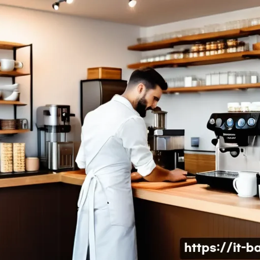 바리스타 일과 삶의 균형 - A busy Italian caf&eacute; interior during peak hours, featuring a focused barista wearing a neat apron and...