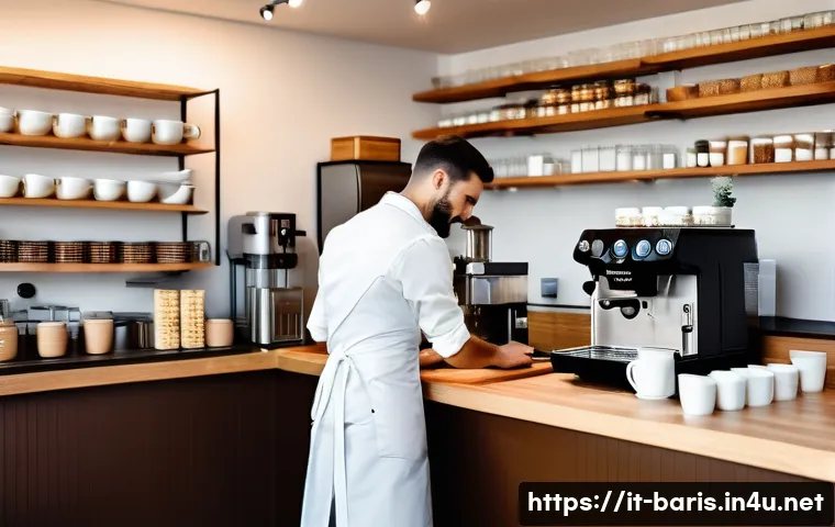 바리스타 일과 삶의 균형 - A busy Italian café interior during peak hours, featuring a focused barista wearing a neat apron and...
