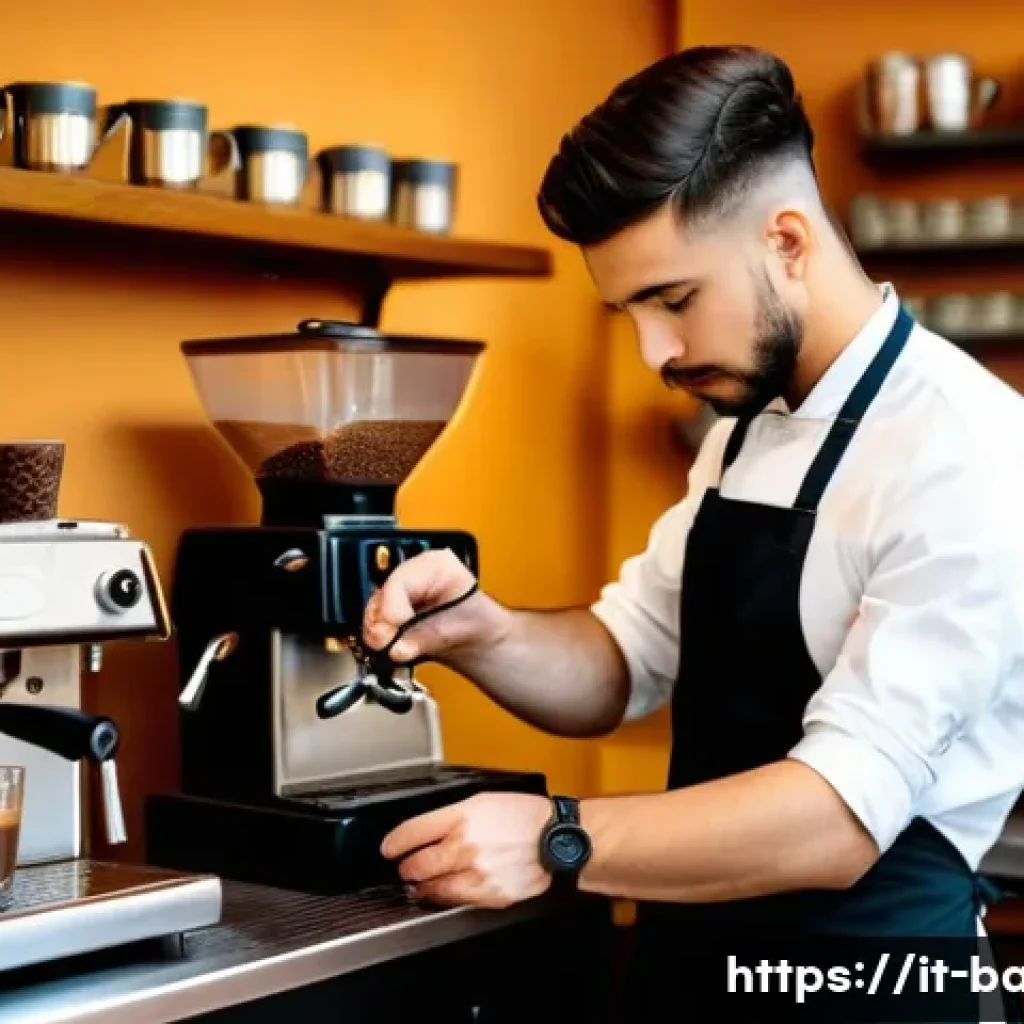 바리스타 업무 사례 공유 - A skilled Italian barista carefully grinding fresh espresso beans with a professional coffee grinder...