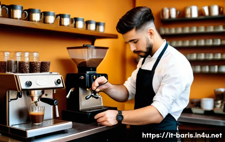 바리스타 업무 사례 공유 - A skilled Italian barista carefully grinding fresh espresso beans with a professional coffee grinder...