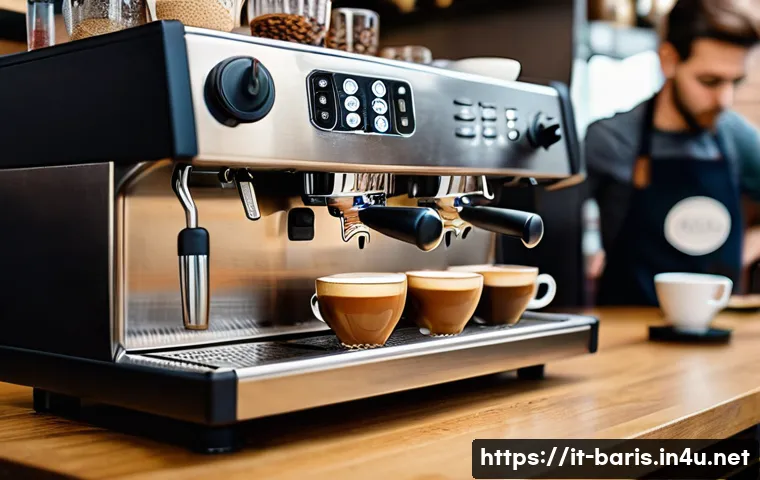 바리스타 교육 과정 리뷰 - A professional barista training class in a modern Italian café setting, students practicing espresso...