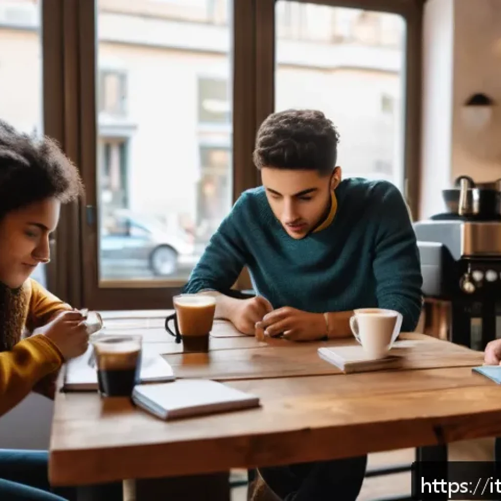 바리스타 자격증 대비 스터디 그룹 - A diverse group of young adults studying together in a cozy Italian café, surrounded by espresso mac...