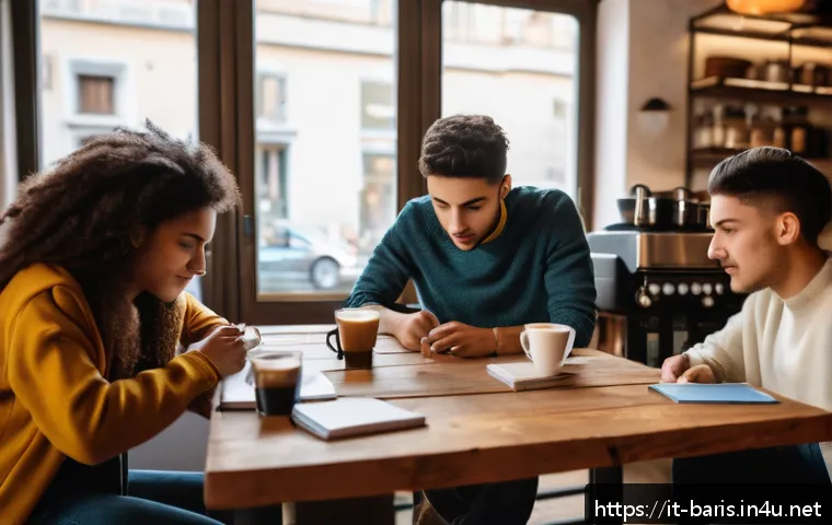 바리스타 자격증 대비 스터디 그룹 - A diverse group of young adults studying together in a cozy Italian café, surrounded by espresso mac...