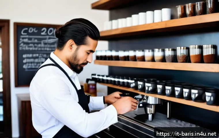 바리스타 필기 시험 대비 전략 - A professional barista in a modern Italian-style café, wearing a clean, crisp white shirt and a dark...