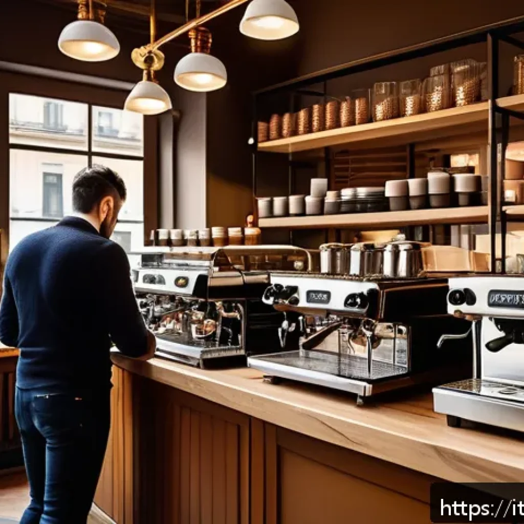 바리스타 실습 카페 추천 - A bustling historic Milanese coffee bar interior, featuring elegant wooden counters and vintage espr...