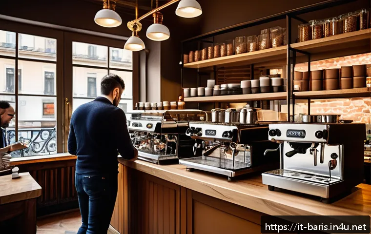 바리스타 실습 카페 추천 - A bustling historic Milanese coffee bar interior, featuring elegant wooden counters and vintage espr...
