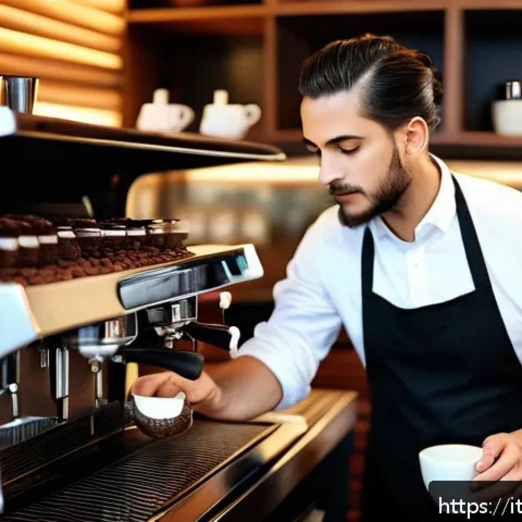 바리스타 면접 대비 팁 - A professional Italian barista in a modern café setting, skillfully operating a traditional espresso...