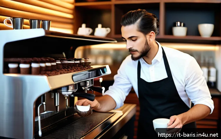 바리스타 면접 대비 팁 - A professional Italian barista in a modern café setting, skillfully operating a traditional espresso...