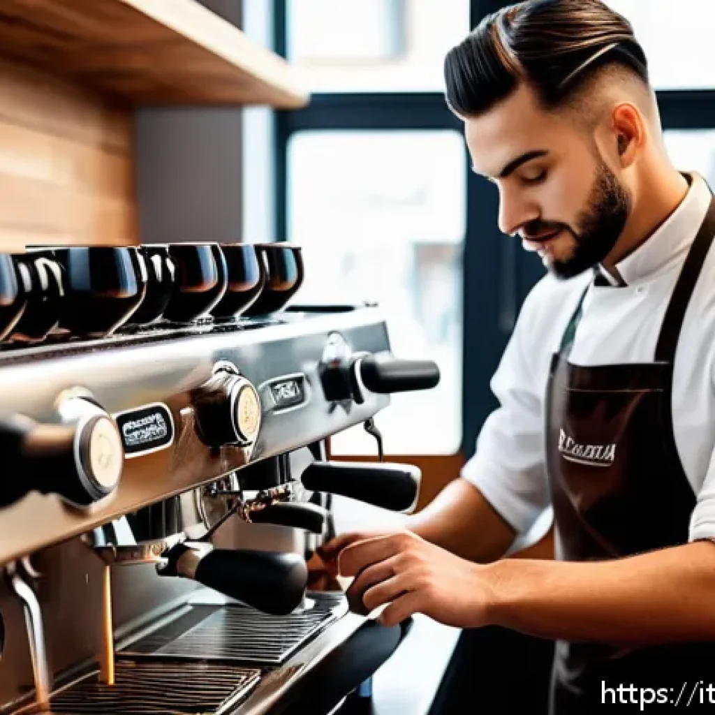바리스타 자격증과 글로벌 커피 산업 - A professional barista in a modern Italian coffee shop, wearing a clean uniform and apron, skillfull...