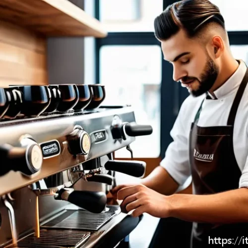 Home 33 바리스타 자격증과 글로벌 커피 산업 - A professional barista in a modern Italian coffee shop, wearing a clean uniform and apron, skillfull...
