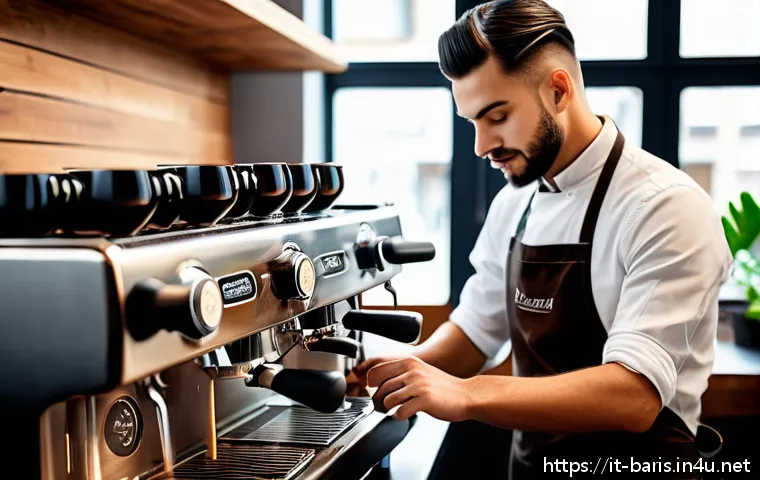바리스타 자격증과 글로벌 커피 산업 - A professional barista in a modern Italian coffee shop, wearing a clean uniform and apron, skillfull...