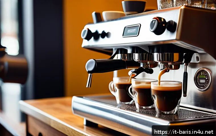 바리스타 커리어 업그레이드 방법 - A detailed close-up of a professional espresso machine in an Italian café setting, focusing on the p...