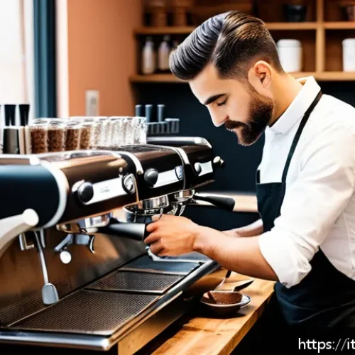 Home 31 바리스타 실기 시험 핵심 포인트 - A professional barista in a modern Italian café setting, carefully tamping freshly ground coffee int...