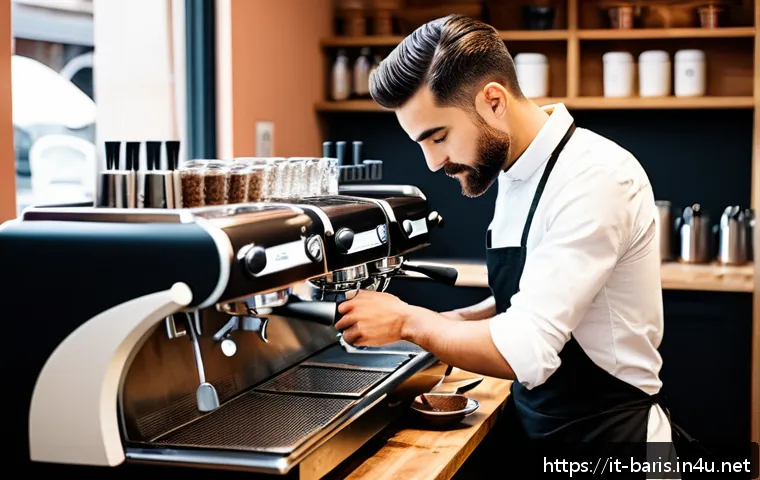 바리스타 실기 시험 핵심 포인트 - A professional barista in a modern Italian café setting, carefully tamping freshly ground coffee int...