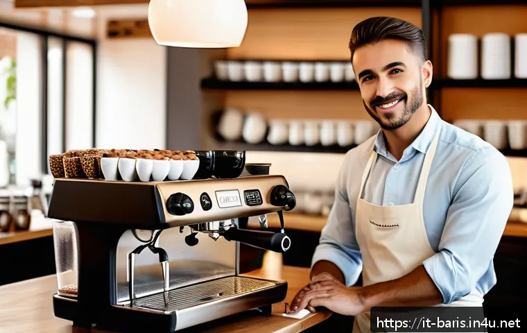 바리스타 자격증이 필요한 직업군 - A professional Italian barista in a stylish, modern coffee shop interior, expertly preparing an espr...