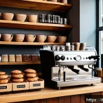 Home 23 바리스타와 매장 관리 업무 - A cozy Italian coffee bar interior during morning rush hour, featuring a well-organized espresso mac...