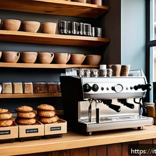 Home 17 바리스타와 매장 관리 업무 - A cozy Italian coffee bar interior during morning rush hour, featuring a well-organized espresso mac...