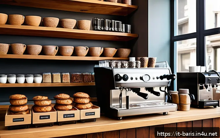 바리스타와 매장 관리 업무 - A cozy Italian coffee bar interior during morning rush hour, featuring a well-organized espresso mac...