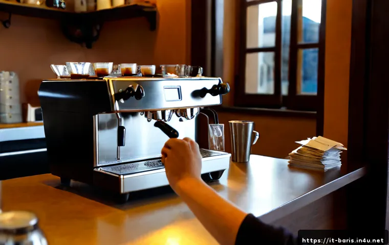 Home 17 바리스타 연봉 평균 - Photorealistic Italian café interior, adult barista in a clean apron preparing espresso at a polishe...