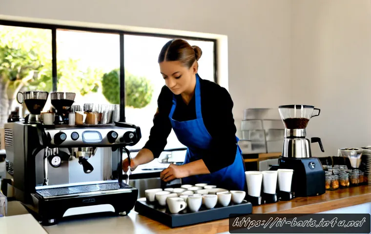 Home 17 바리스타 자격증 시험장에서 주의할 점 - Photorealistic Italian barista certification exam station, focused adult candidate in clean black ap...